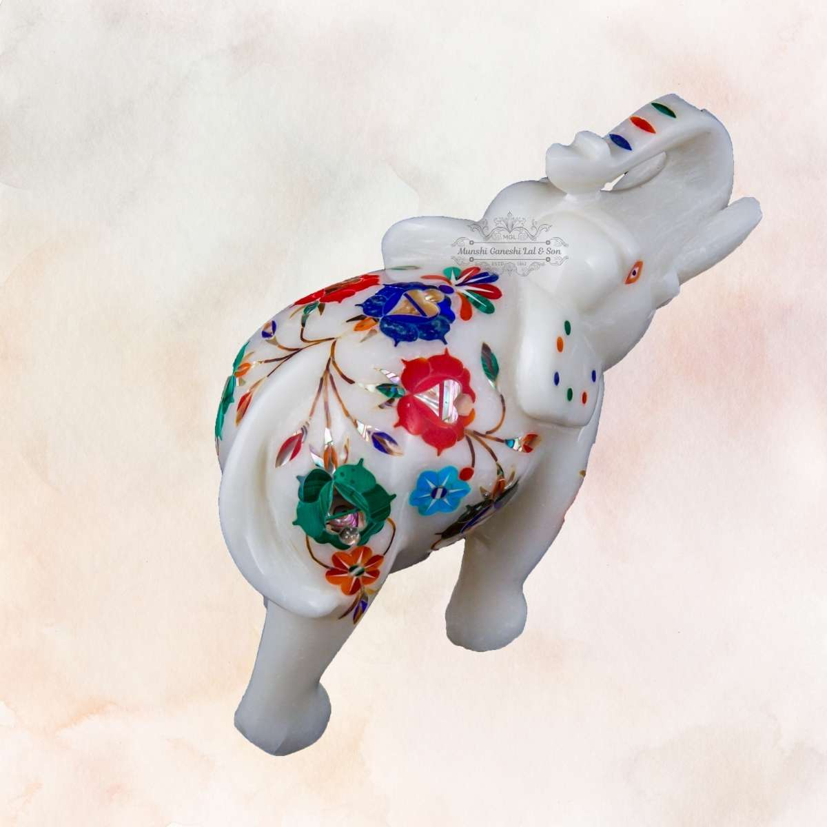 Red-Orange & Sky Blue Designed Marble Elephant